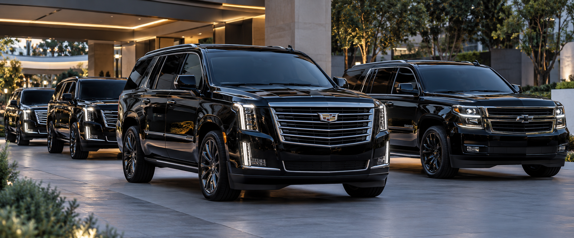 Black Cadillac Escalade and Chevrolet Tahoe fleet parked outside a hotel entrance