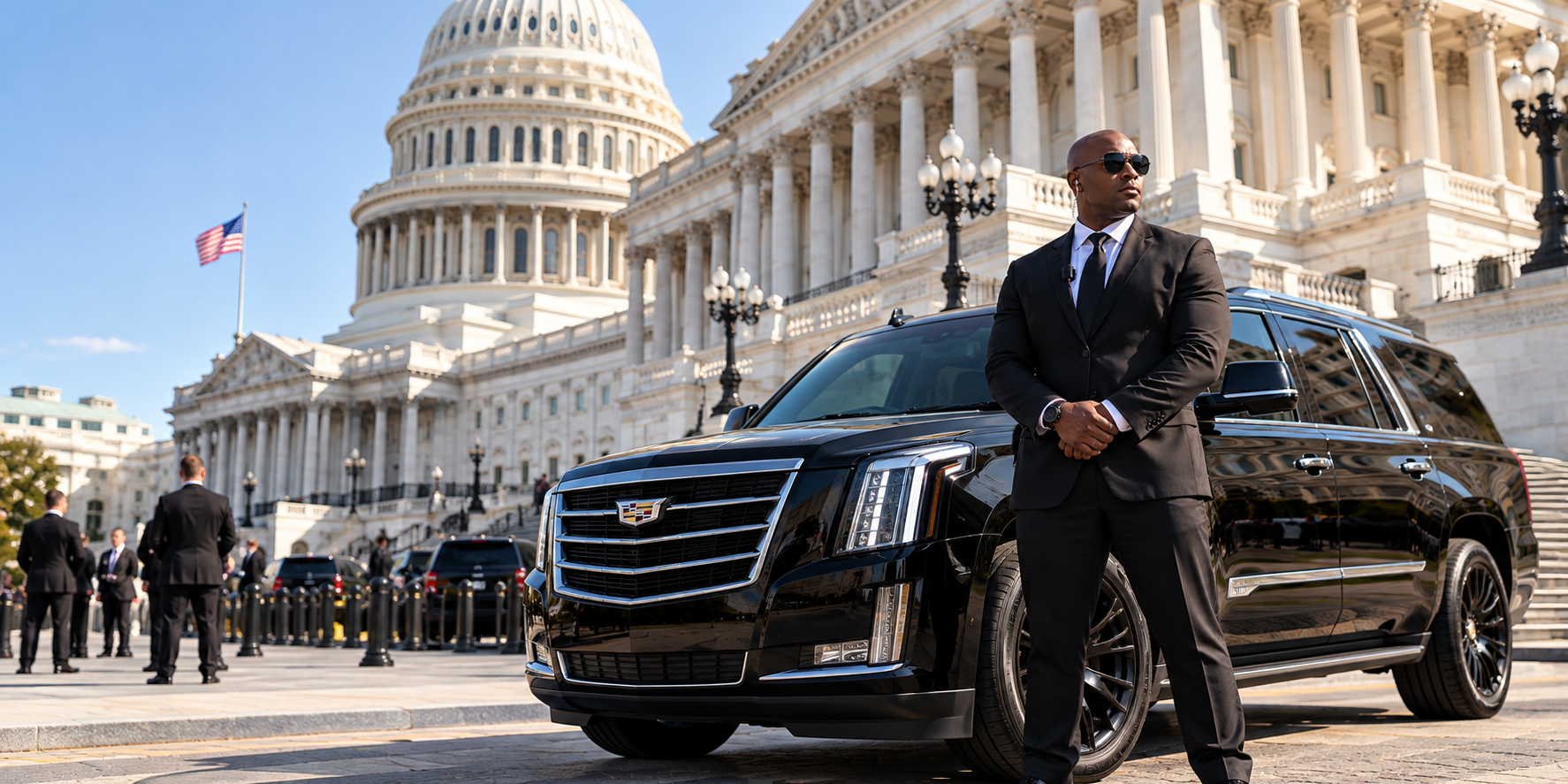 Illustrative scene of an executive protection professional beside a Cadillac Escalade at the U.S. Capitol