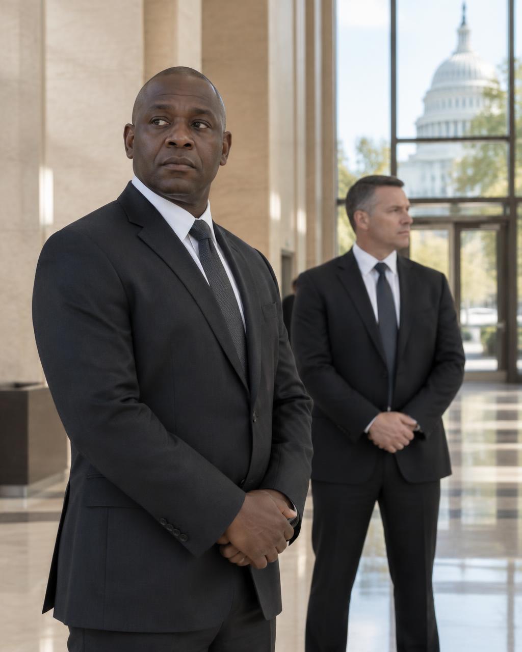 Illustrative portrait of discreet executive protection professionals in a business setting