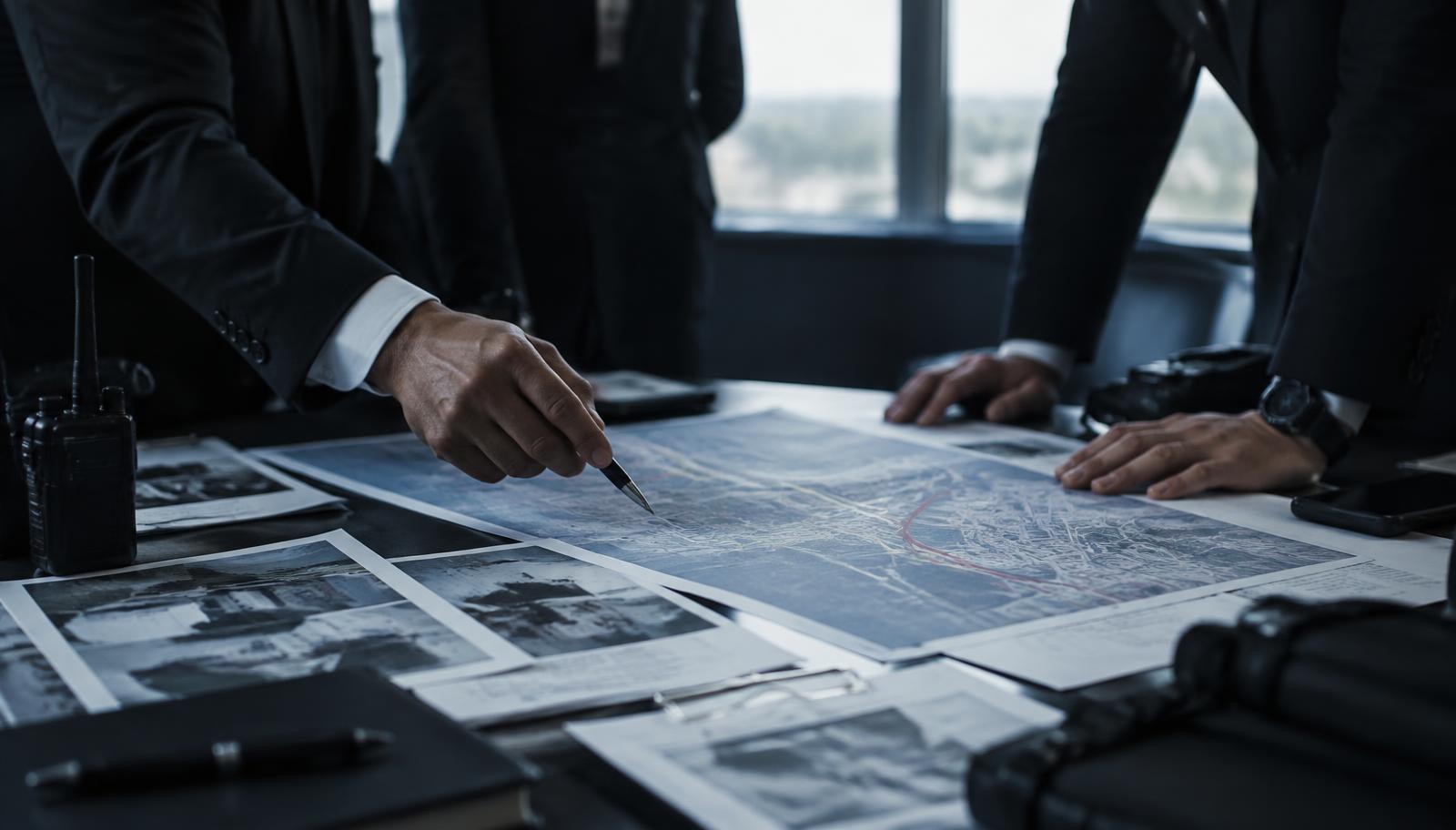Illustrative scene of protection professionals reviewing route maps during advance planning